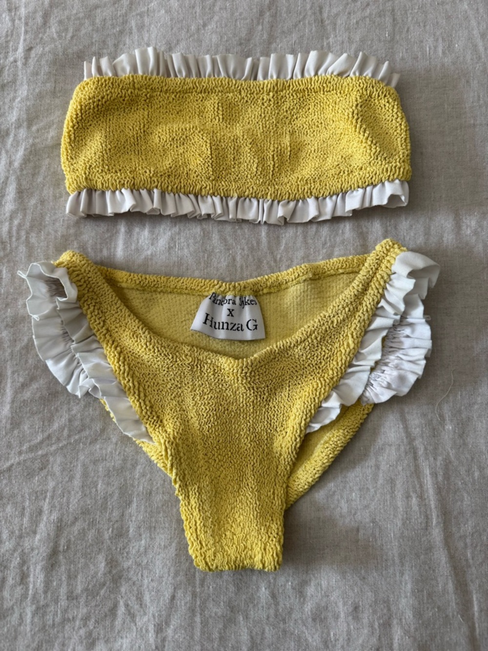 Hunza G x Pandora Sykes Yellow Textured Bandeau Top with Ruffle Trim